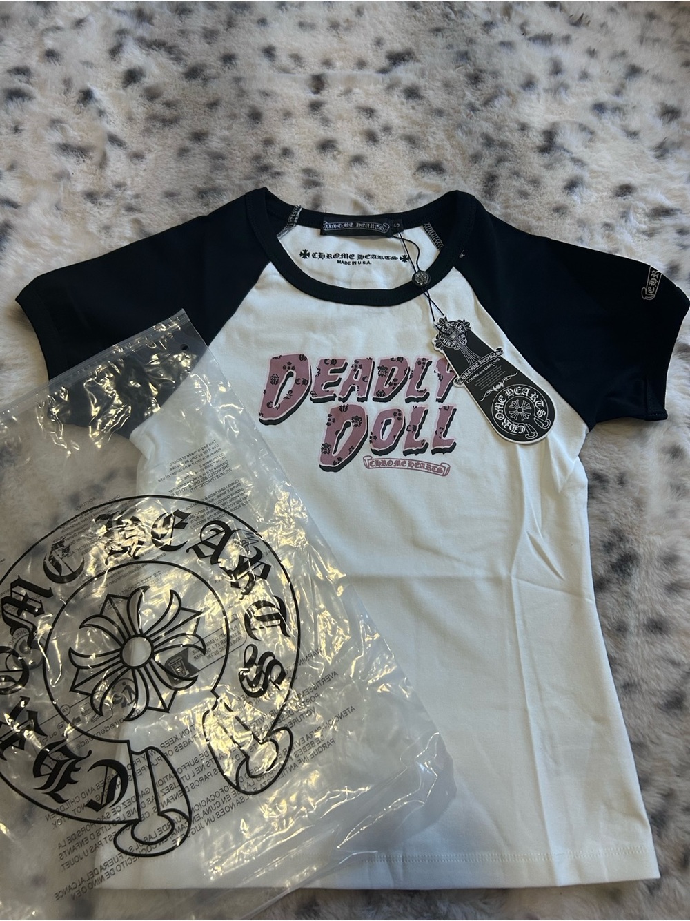 Chrome Hearts White Tee with Black Raglan Sleeves and Pink Graphic